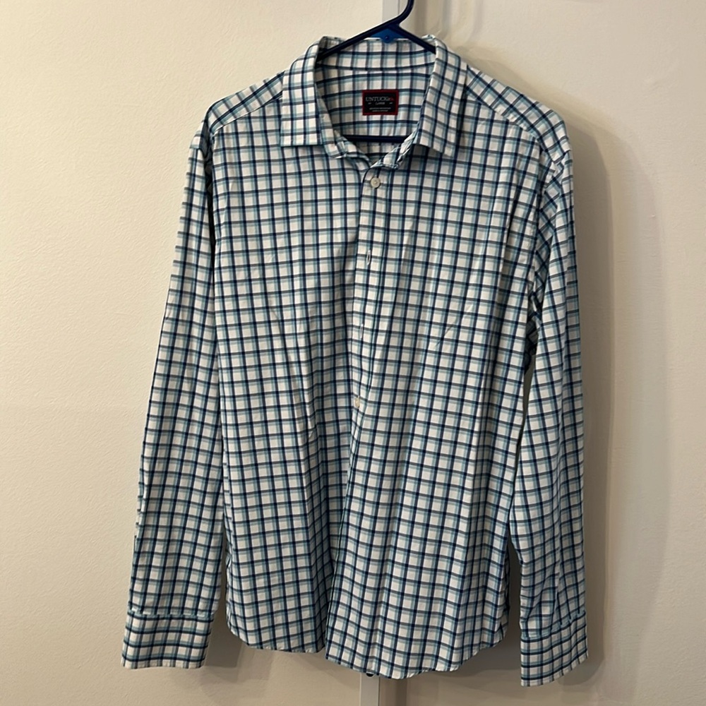 Untuckit navy and blue long sleeve shirt